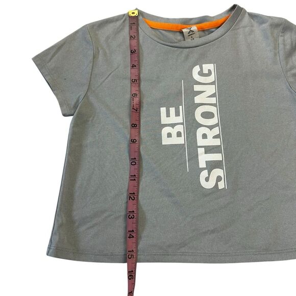 Xersion Girls Sz S 7/8 Short Sleeve Be Strong T-Shirt Blue Split Back Quick Dri - Picture 7 of 9